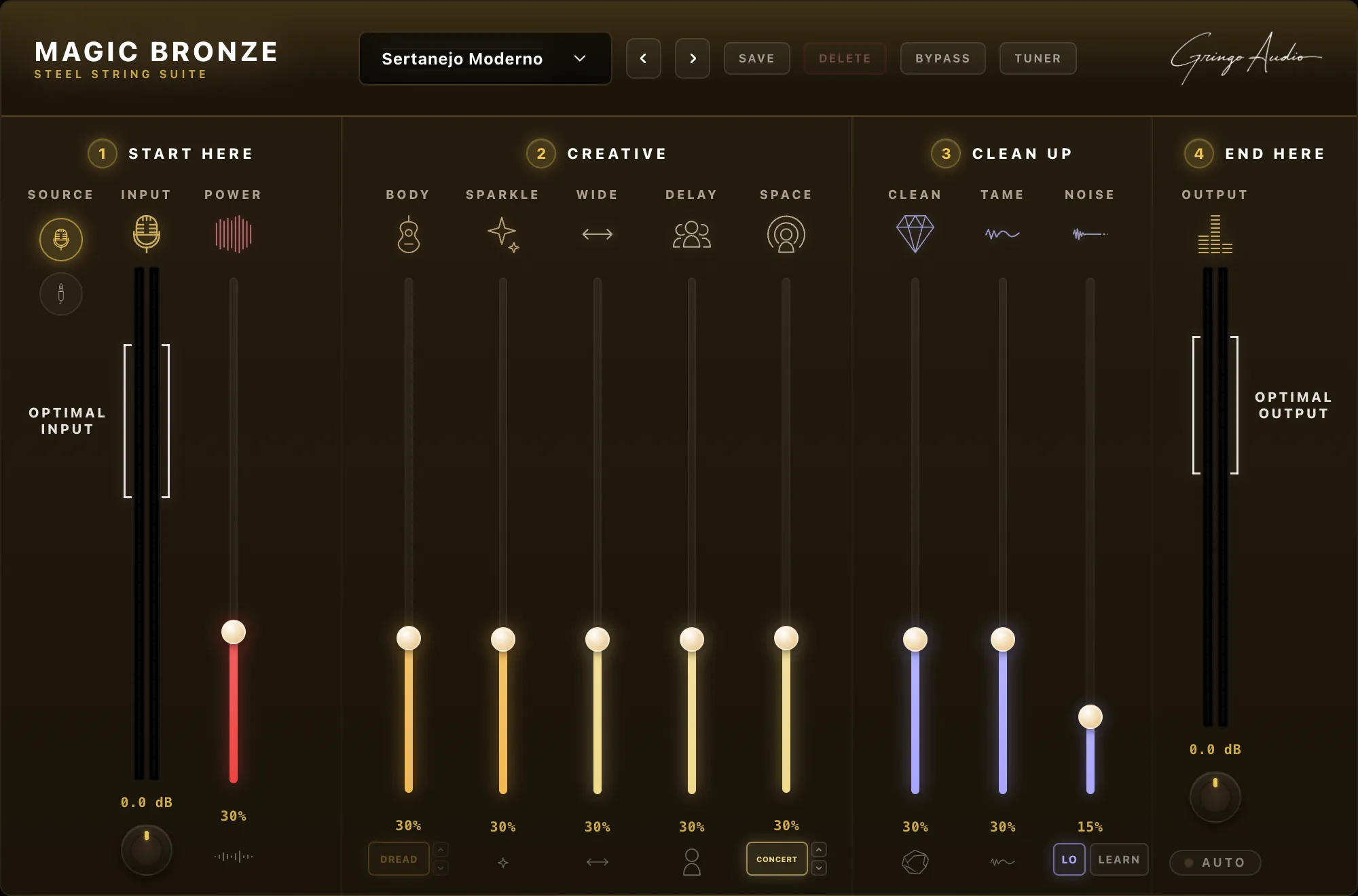 Interface do Magic Bronze com o preset Sertanejo Moderno carregado, a mesma cadeia de faders em tema dourado.