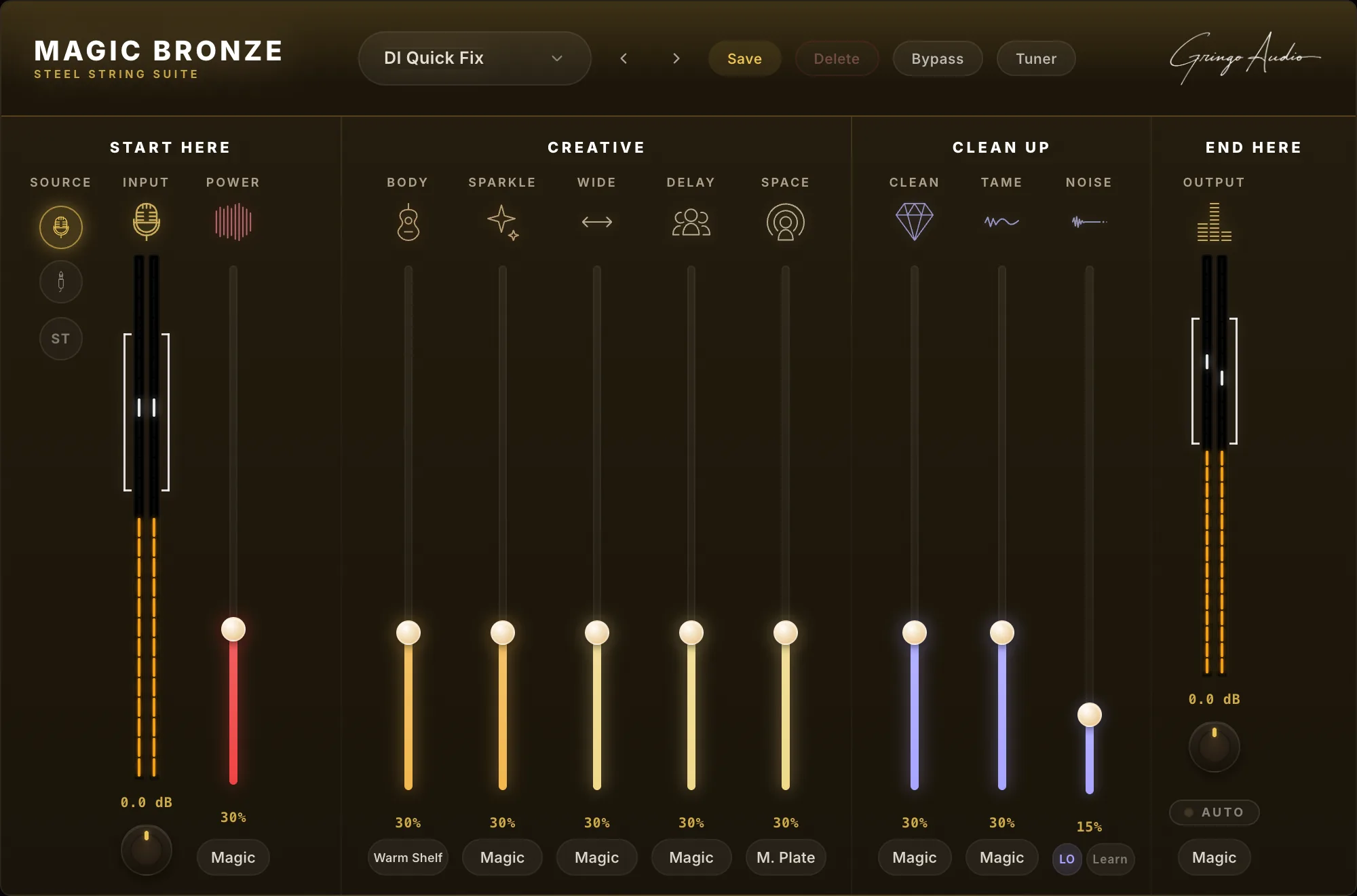 Magic Bronze interface with the Sertanejo Moderno preset loaded, the same fader chain in a gold theme.