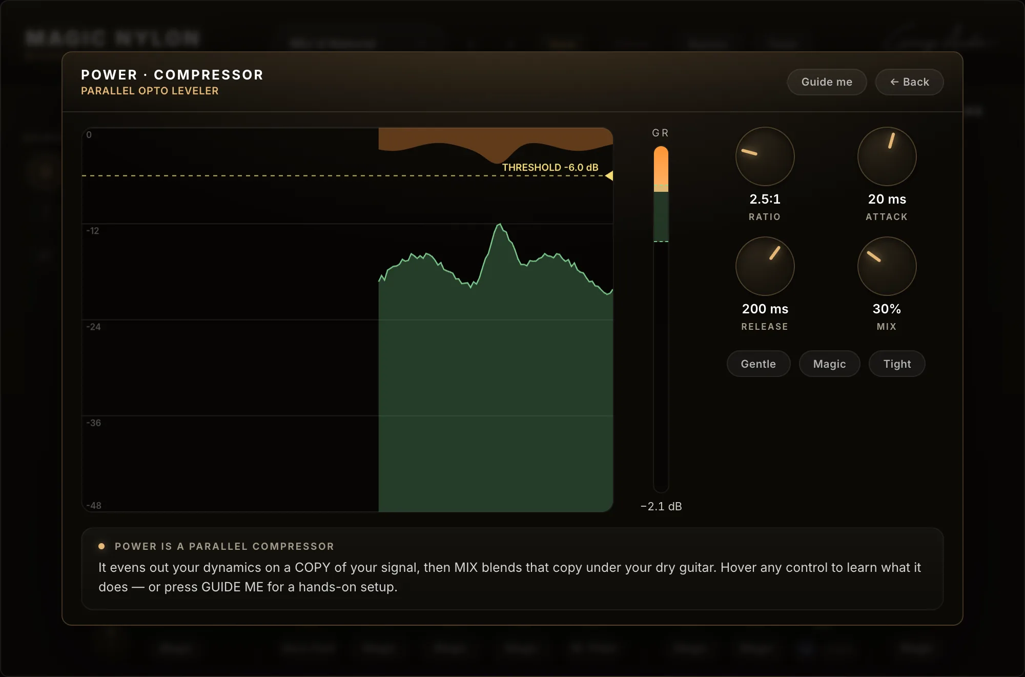 Página POWER do plugin: gráfico do nível ao vivo com a linha de THRESHOLD arrastável, medidor de redução de ganho e knobs de RATIO, ATTACK, RELEASE e MIX.
