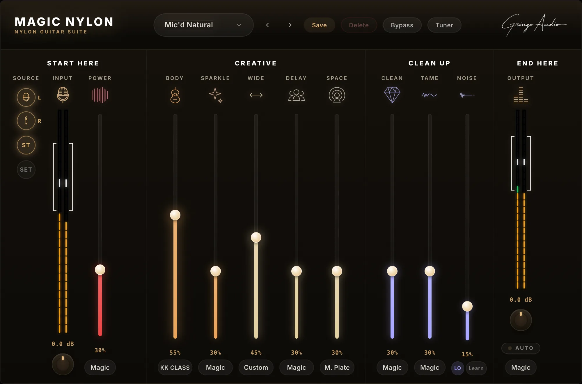 Interface real do Magic Nylon no modo stereo: pills de mic e linha acesos com selos L e R, pills ST e SET na coluna Source