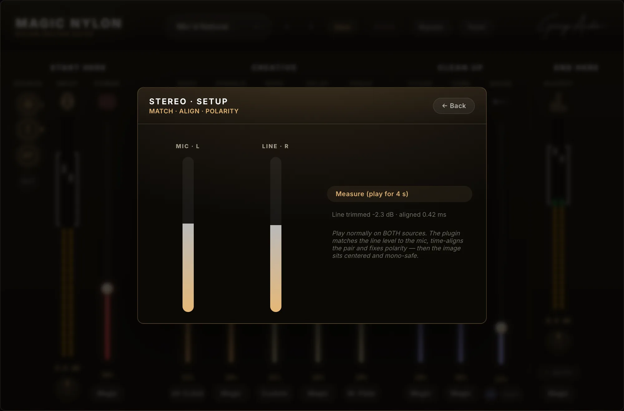 Painel Setup do modo stereo com a medição concluída: linha nivelada em -2.3 dB e alinhada em 0.42 ms