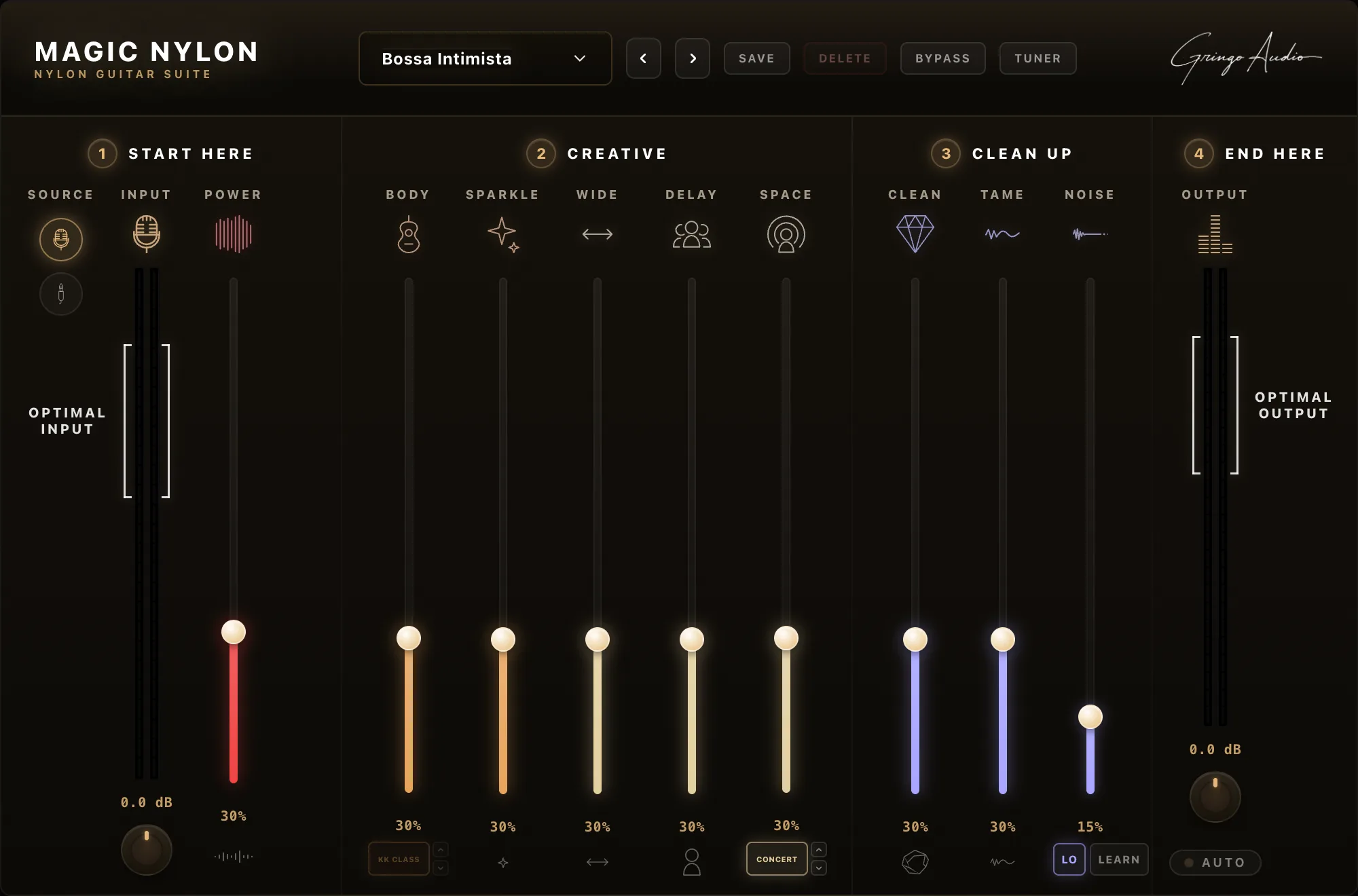 Interface do Magic Nylon com o preset Bossa Intimista carregado: quatro zonas de faders, de Start Here a End Here, em tema âmbar.