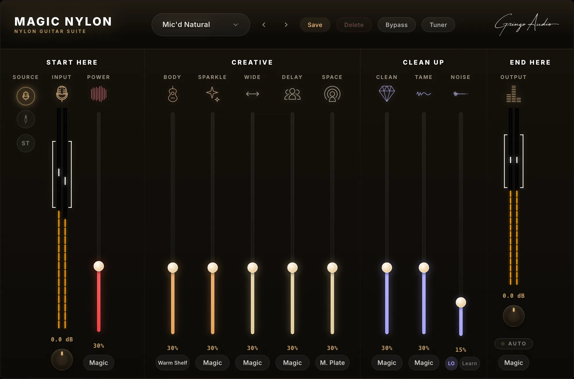 Magic Nylon interface with the Bossa Intimista preset loaded: four fader zones from Start Here to End Here in an amber theme.