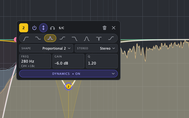 Painel da banda com o shape Proportional 2 escolhido num corte de 6 dB