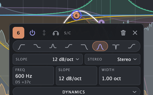 Painel de uma banda com os 8 tipos de filtro: low cut, low shelf, bell, high shelf, high cut, band pass, notch e tilt