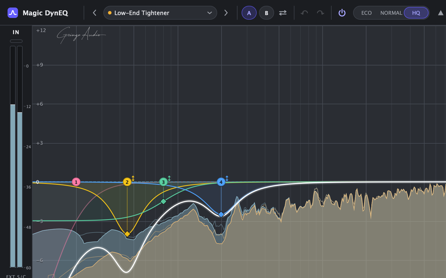 Close no topo do plugin com o HQ (4x) aceso e as curvas de um preset de grave, sem nenhuma divisão em faixas