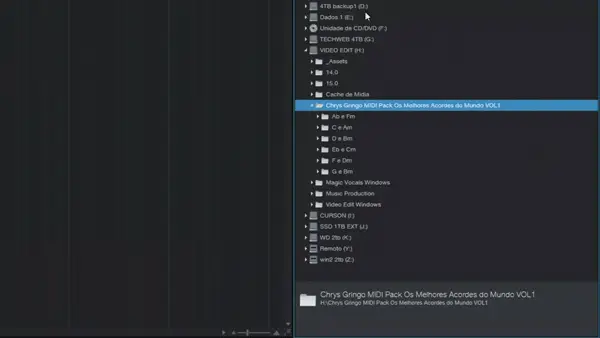 Selecionando a tonalidade na pasta do MIDI Pack